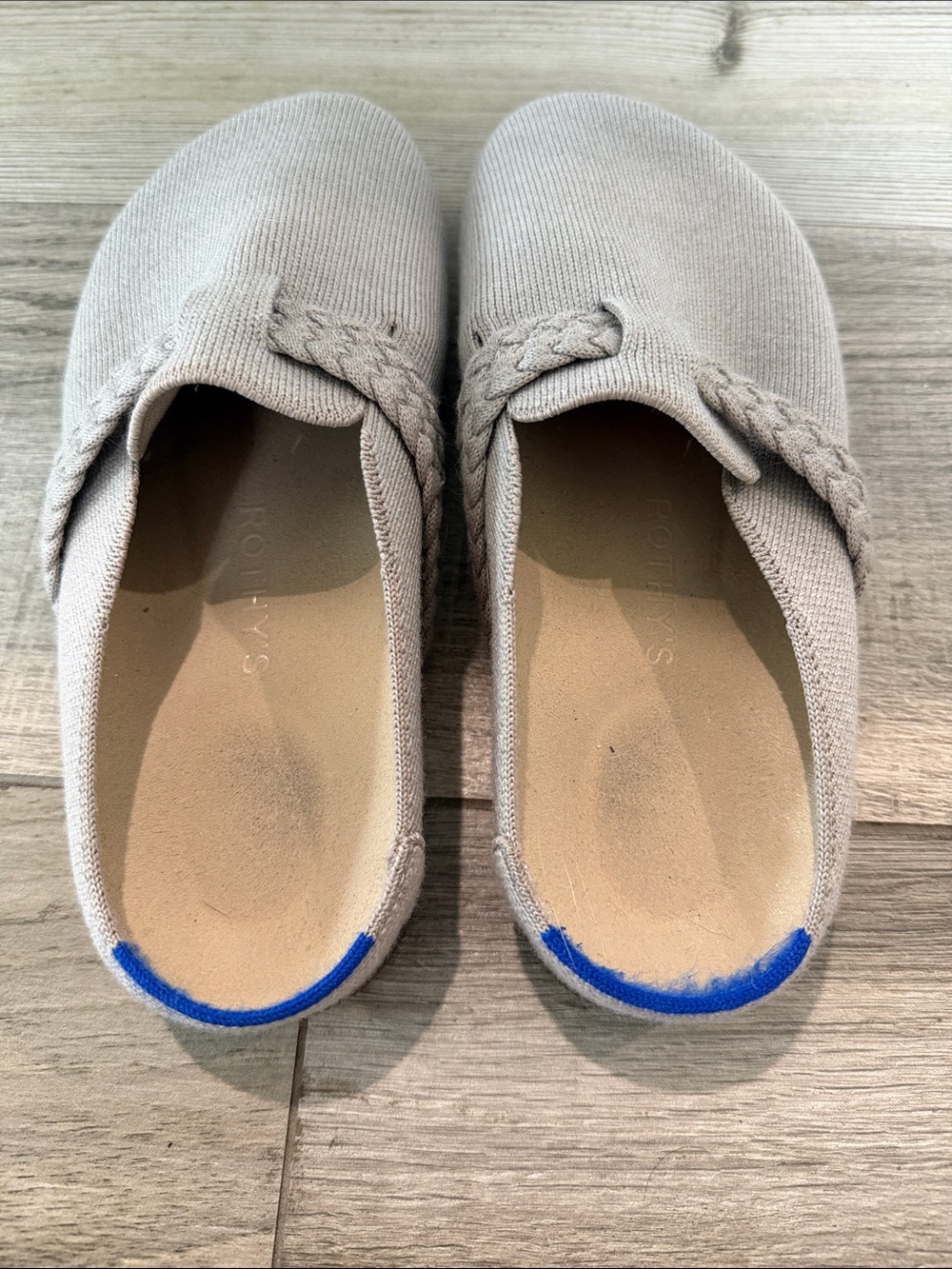 Rothy's Taupe Slip-On Braided Mule with Blue Trim - Picture 2 of 4